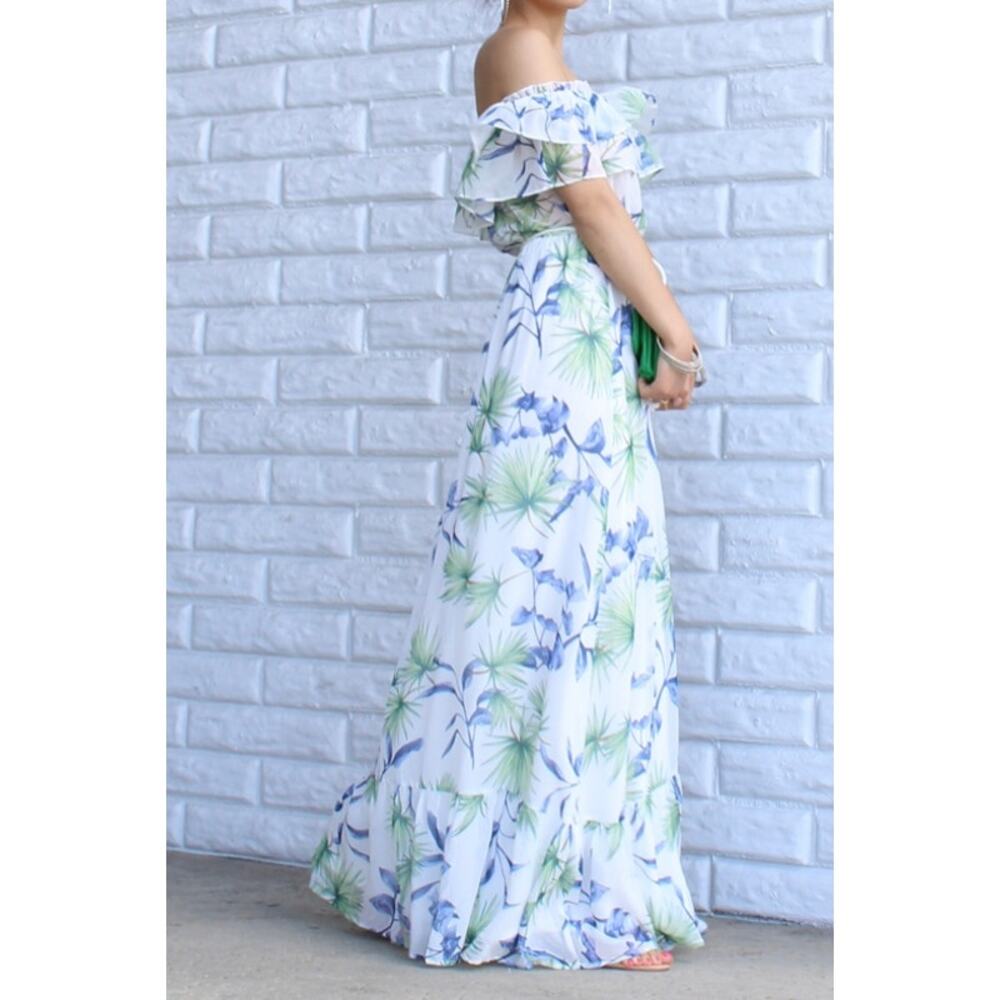 Women’s Floral Off Shoulder Maxi Dress Ruffle Hem Tie Waist  Summer Vacation